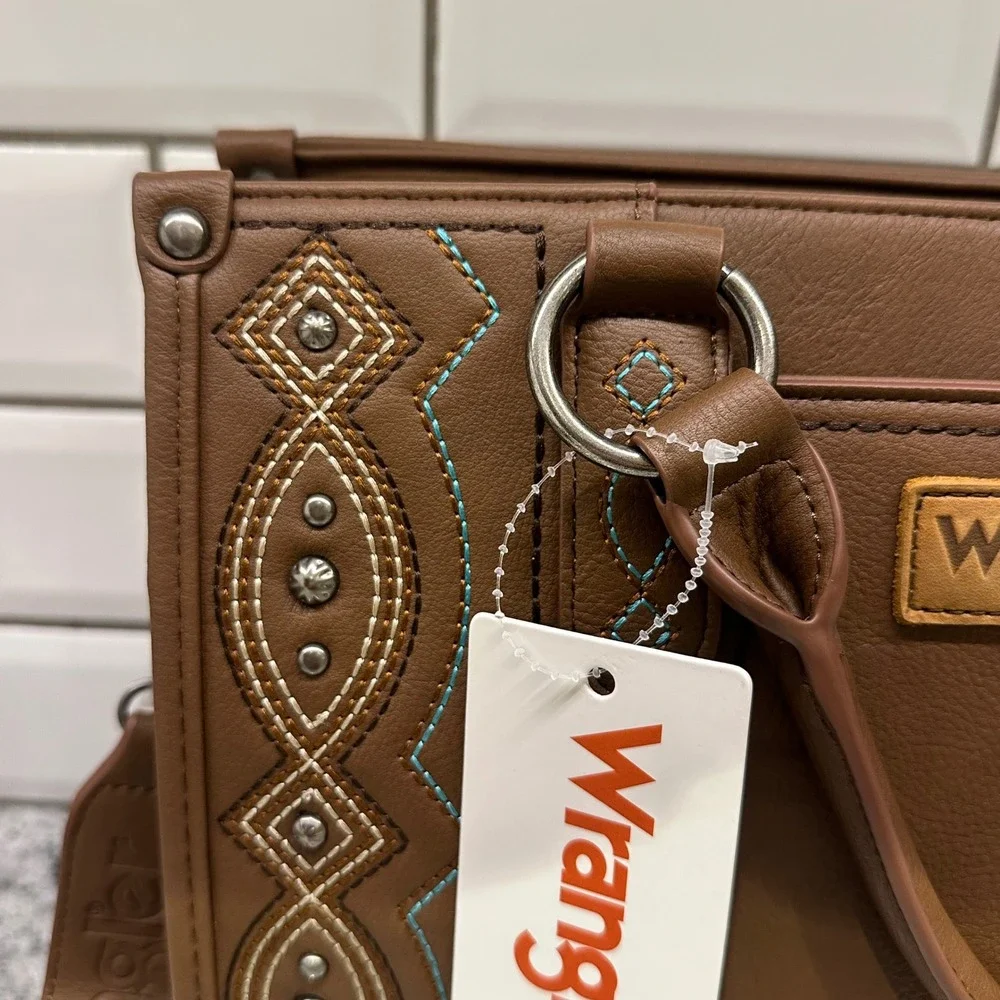 Wrangler Women Small Satchel Brown Embroidered Studded Western Crossbody Bag